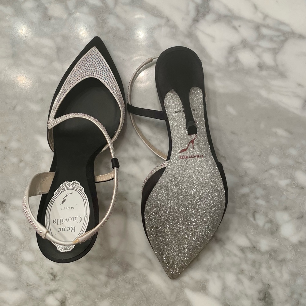 Rene Caovilla Asymmetric Satin Sling Back in Black & White - Picture 4 of 7